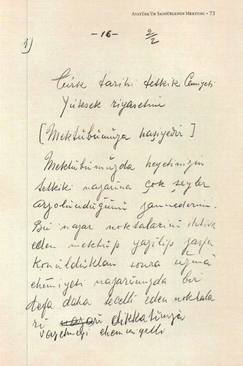 Atatürk'ün kendi el yazısıyla Türk Tarih Kurumu'na yazdığı mektup